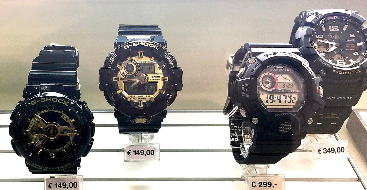 A retail display of Casio G-Shock watches — illustrative photo of the G-Shock range, not the specific Japan-only reference numbers discussed in the article